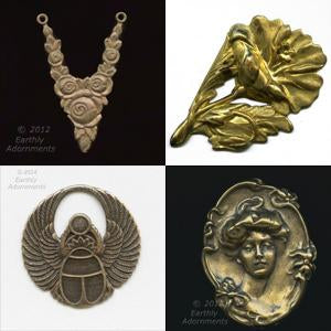 Metal stampings, lavalier, art deco lady, egyptian scarab, flower