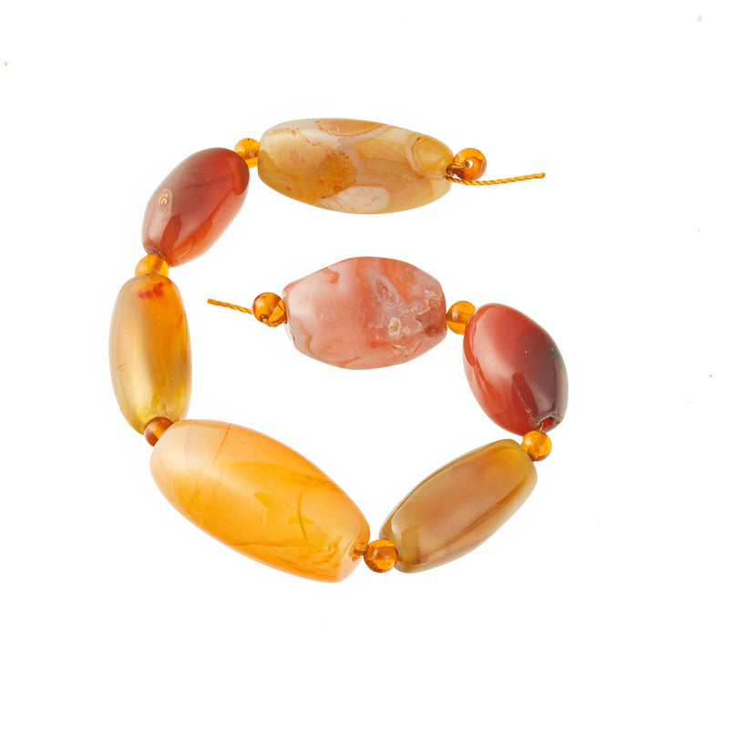 Old carnelian and agate beads, varied shape, peach, red, honey. 1 Str. 7 beads. B4-car417