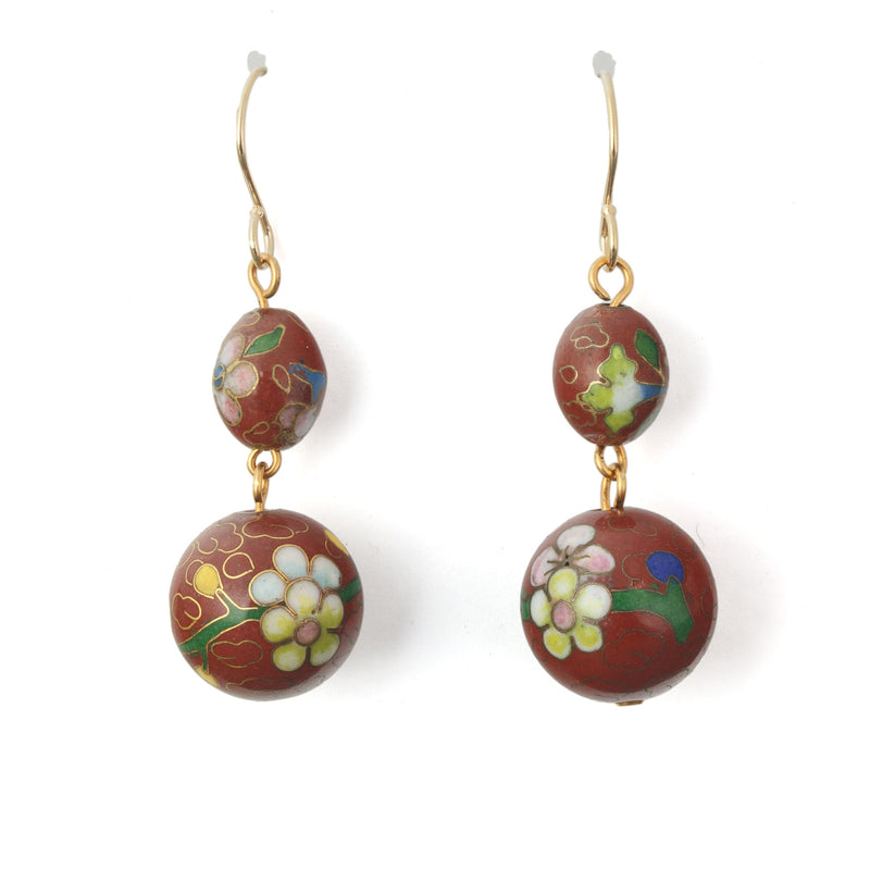 Chinese Cloisonné Earrings, brick red floral dangle. j-eror500