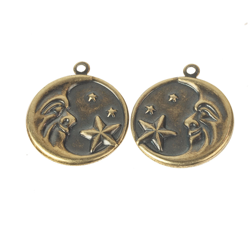 Stamped solid brass man on the moon and stars charm. 18mm  1 Pair. b9-2503