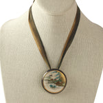 Antique Japanese Satsuma with Mt. Fuji and pine tree, silver pendant with silk ribbon. Pdor430