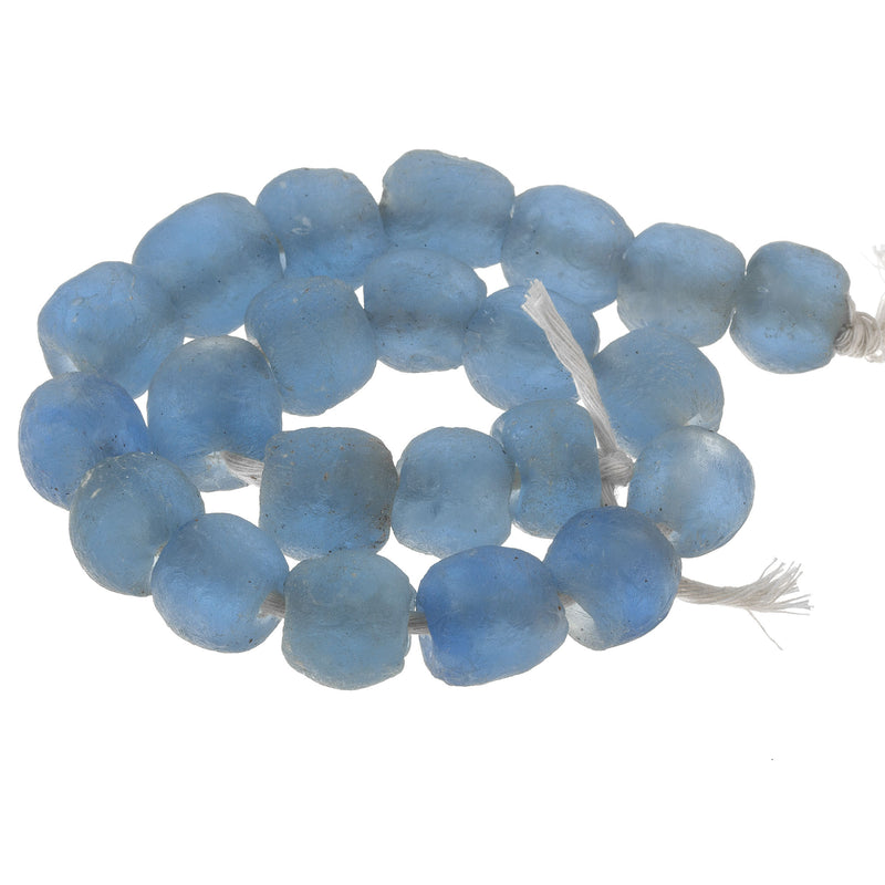 Large recycled translucent medium blue glass bead, Ghana West Africa, 11-13x13-14mm. Pkg 21-22 pcs. b11-bl-0443