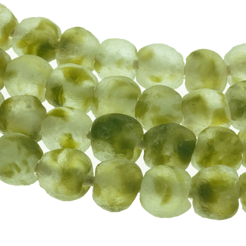 Large recycled mottled green and clear glass bead, Ghana West Africa, 13-15x13-15mm. Pkg 21-22 pcs. b11-gr-1015