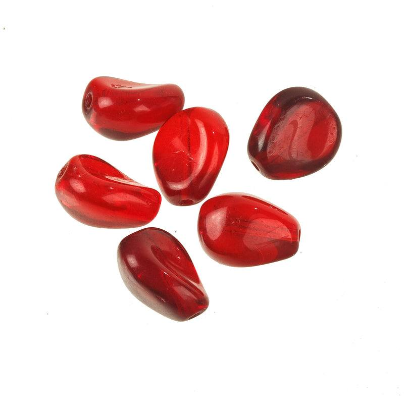 Translucent Cinnamon Red seed pod shaped glass beads. Pkg 6. b11-rd-0917