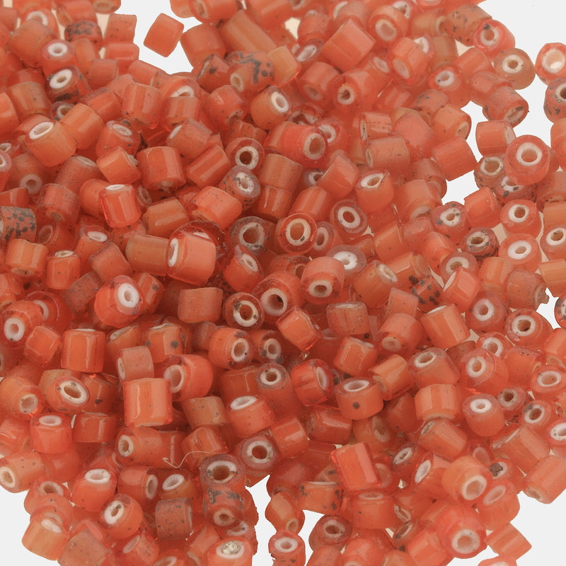 Antique Tiny Orange Venetian White Heart seed beads. 1.2-1.6mmx2. 15 grams. b11-yo-1045