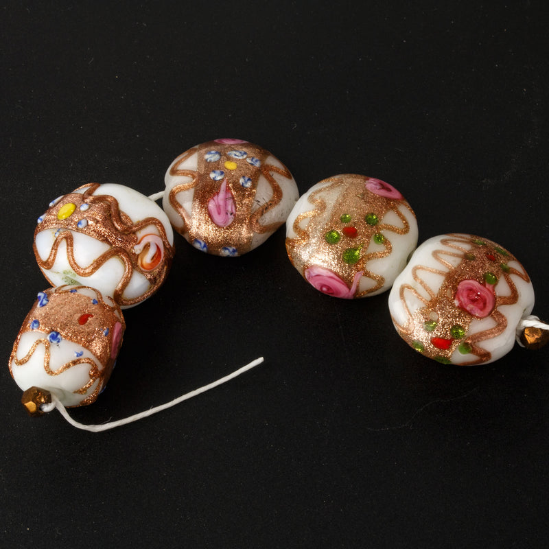 Antique Venetian Fiorato Wedding Cake glass beads.Strand of 5. b1-3007