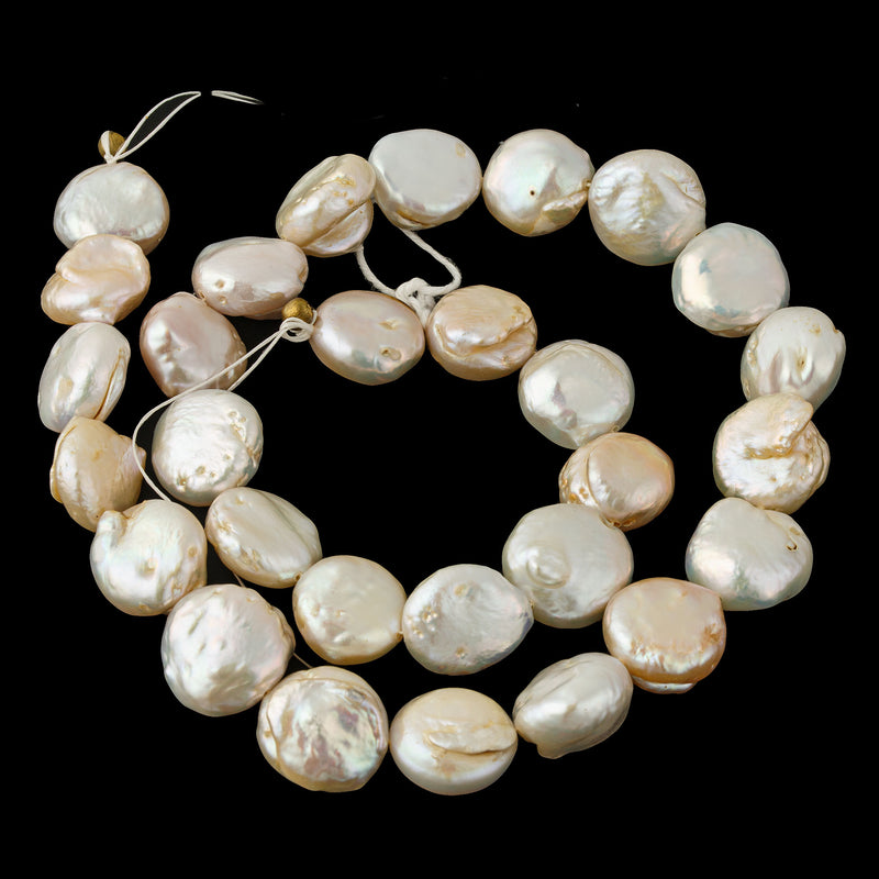"A" quality freshwater coin pearls, 13mm, white, pink, peach. Vintage 1990s. b15-prl157