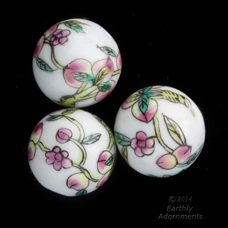 Vintage Chinese white porcelain round beads, peaches and  blossoms, 14mm. Pkg. 2. b2-934