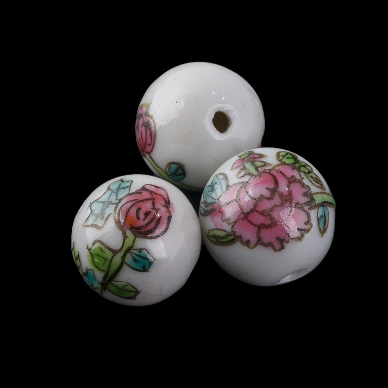 Vintage Chinese white porcelain round beads, roses and foliage, 12mm. Pkg. 2. b2-935