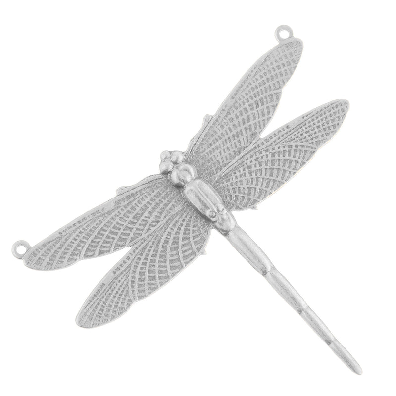 Silver plated brass Dragonfly stamped pendant. 50mm wingspan, 44mm long. 2 ring.  Pkg1. b9-0522as