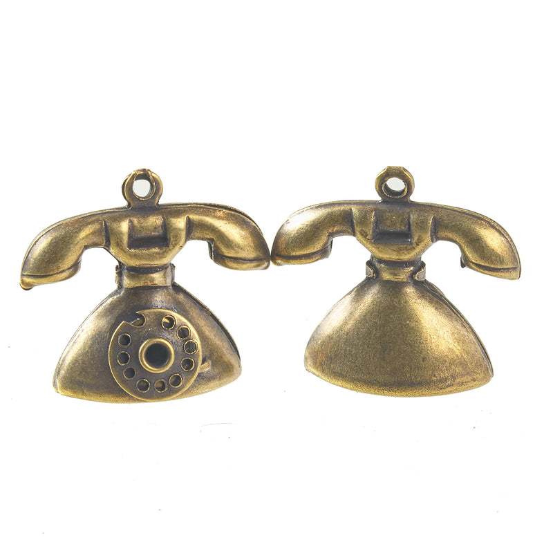 Vintage old fashioned brass telephone charms. 20mm Pkg 1. b9-0600