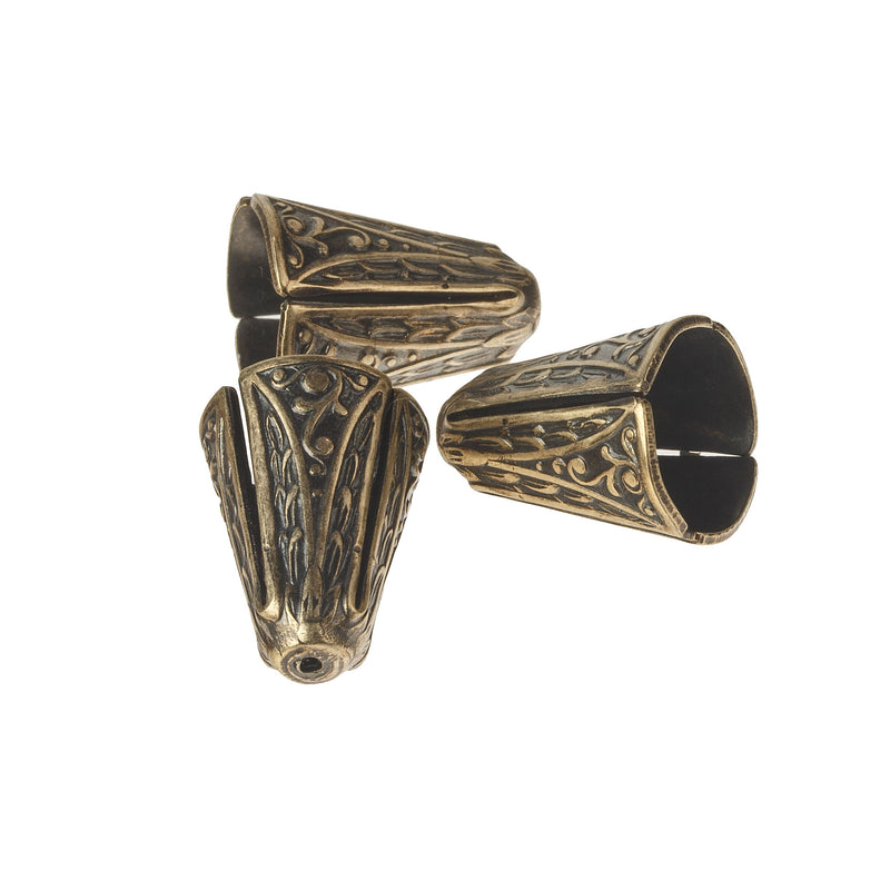 Fancy Floral cone or beadcap. Oxidized stamped brass. 14mm x 10mm. Package of 2. b9-2502