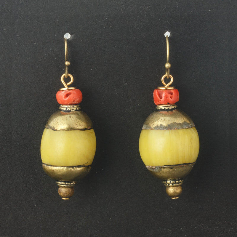 Nepali Earrings, phenolic resin trade bead, caps, coral accent. J-erbd171