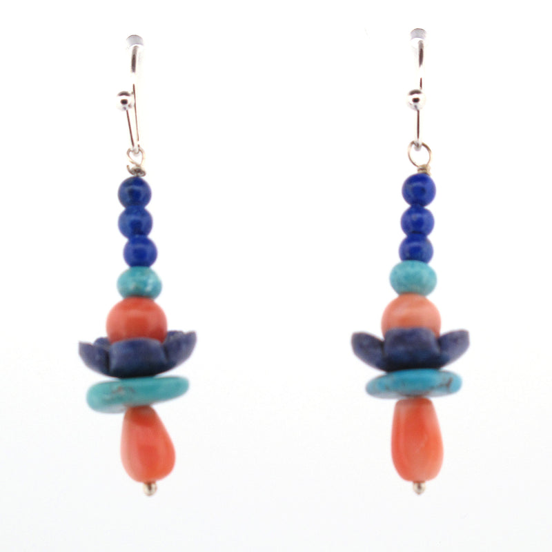 Carved Lapis Flower Pagoda Earringswith coral & turquoise. j-erbd176