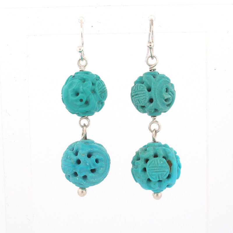 Drop earrings made of old deep carved Chinese turquoise Shou beads . j-erbd183