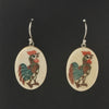 Vintage etched and painted polychrome bone Rooster dangle earrings.  eriv919