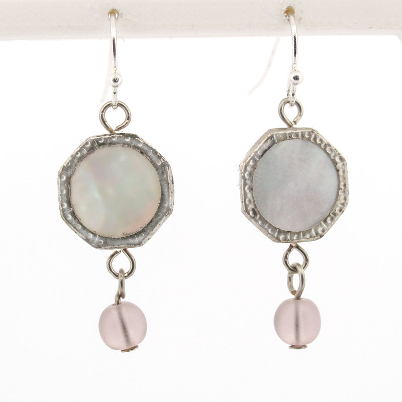 Irridescent Mother of Pearl Earrings, with lavender frosted glass bead.  j-ervn977