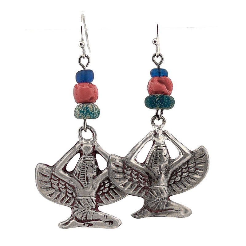 Winged Godess Isis Egyptian Revival Earrings with coral & ancient glass. j-ervn901