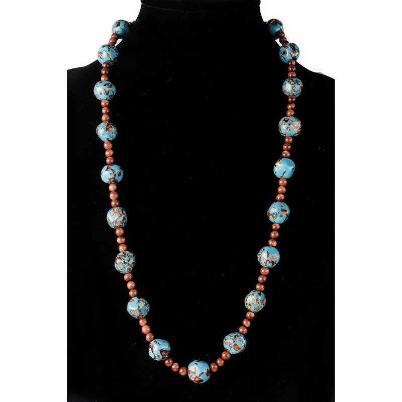 1950s turquoise Murano lampwork aventurina bead and round goldstone bead necklace, j-nlbd2186