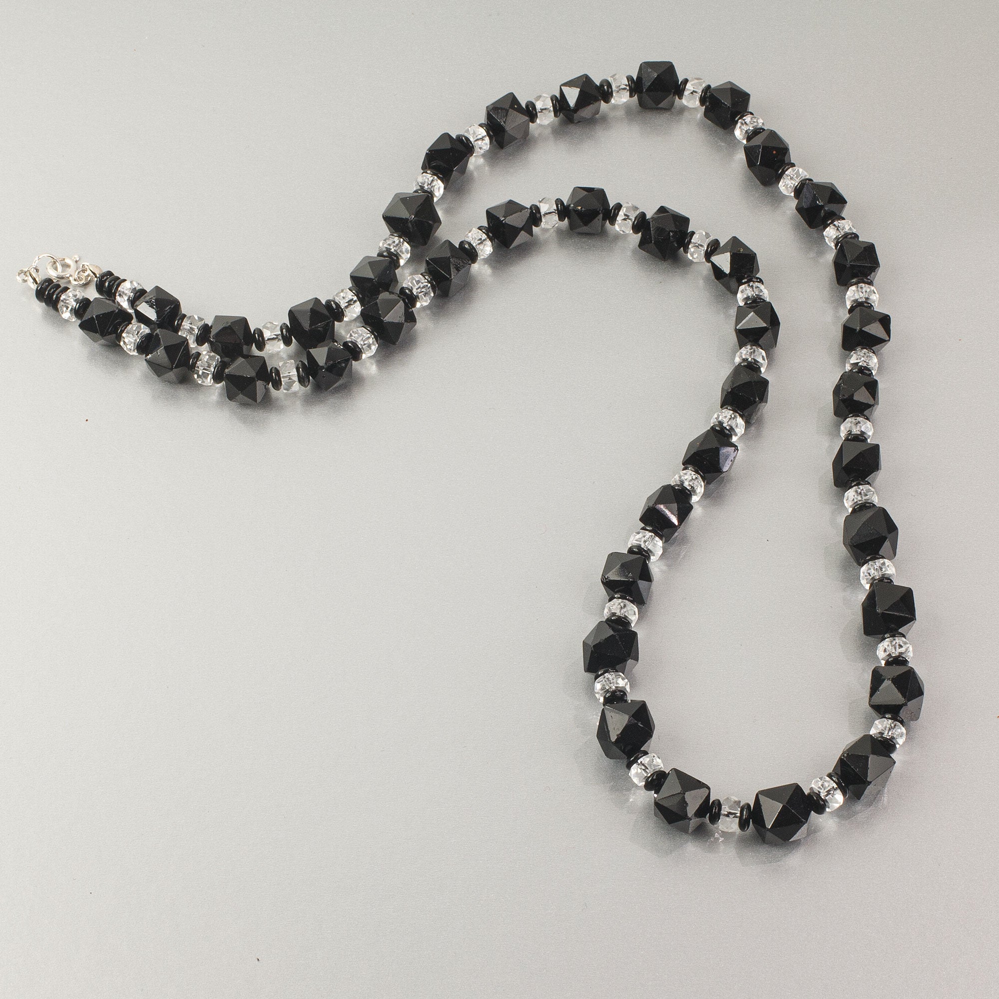 Art Deco Black Clear Crystal Necklace 53in Flapper Glass Beads 1930s Vintage Hand Knotted Black & Clear Crystal Bead Flapper Art  main image 2