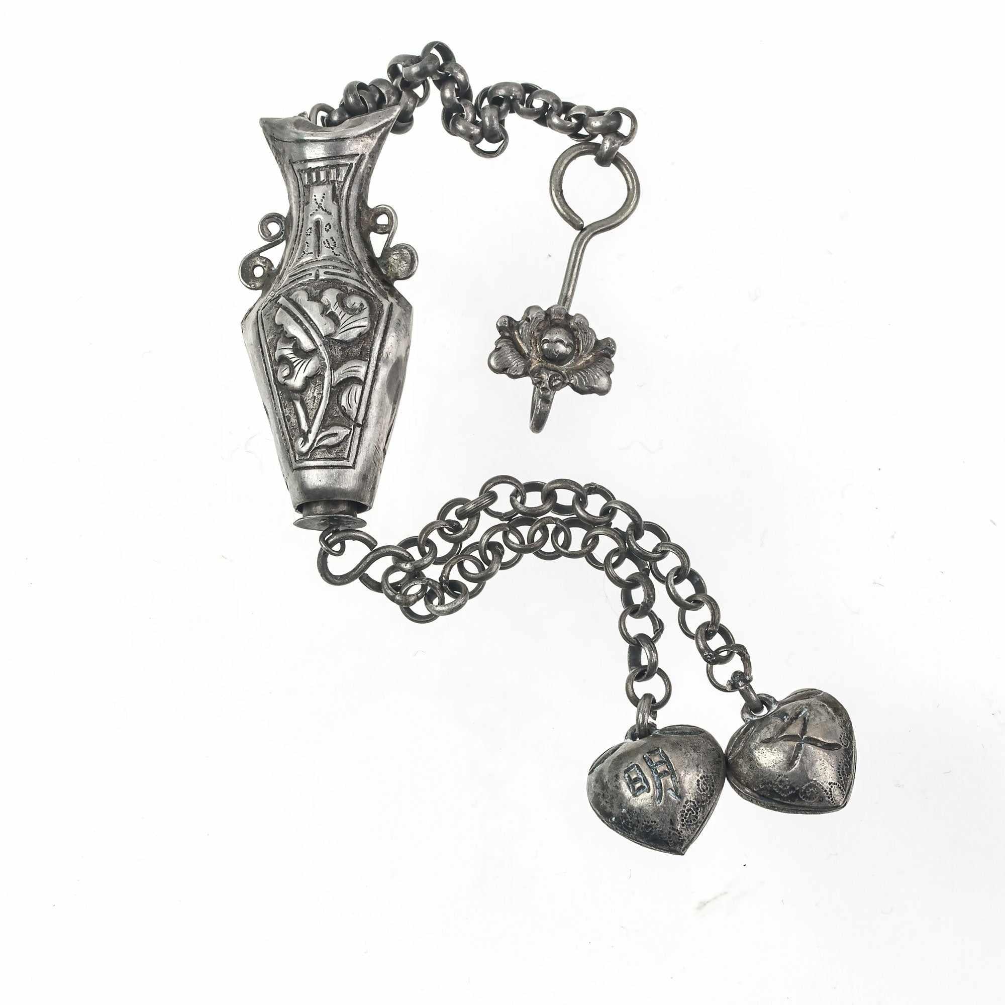 Antique Chinese Qing Dynasty silver repoussé needle case and