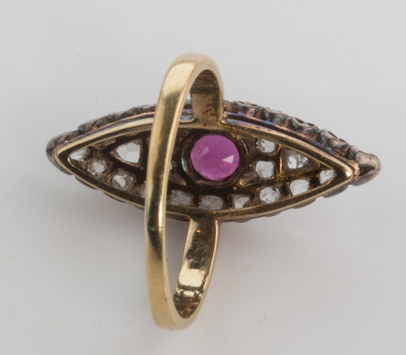 Antique Georgian rose gold Burmese ruby and diamond navette ring