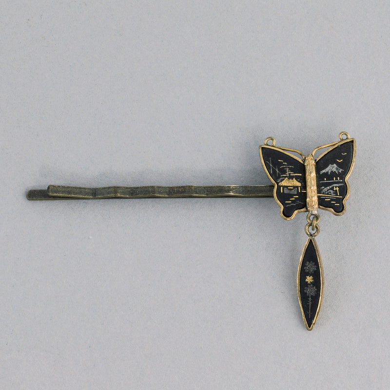 Hair pin made with vintage Kyoto Damascene butterfly pendant. 