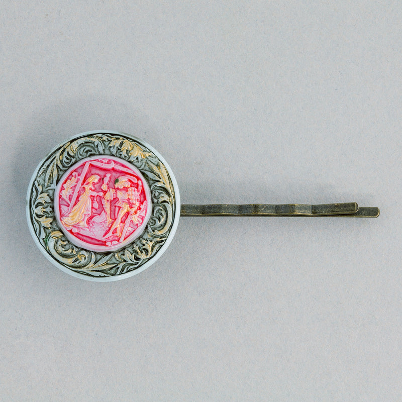 Vintage Czech pressed glass button made into a  hair pin. One of a kind.