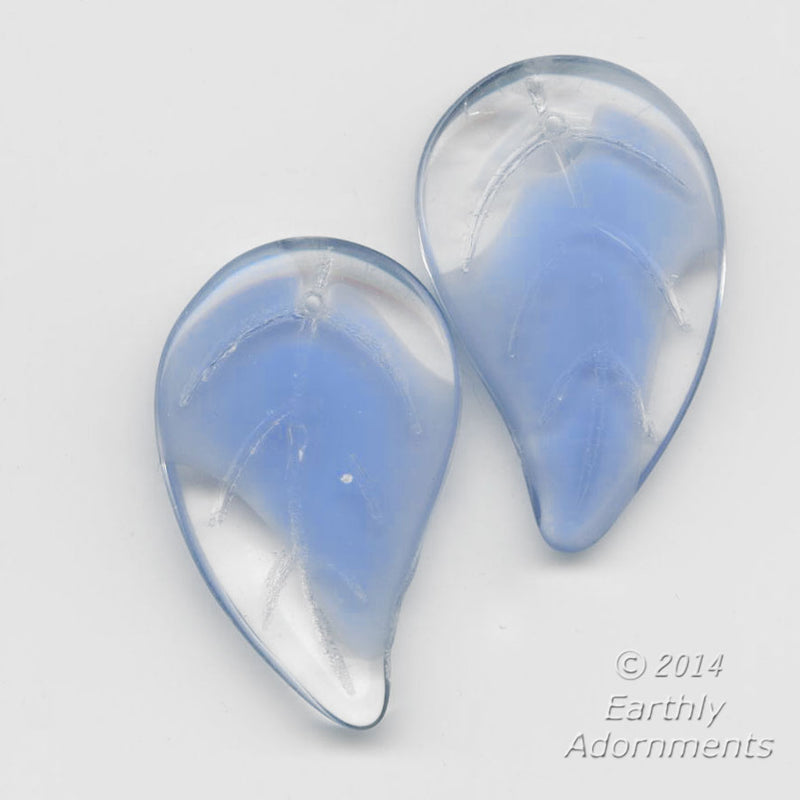 Clear and cloudy blue givre leaf pendant. 30x20x11mm. Pkg. of 4.