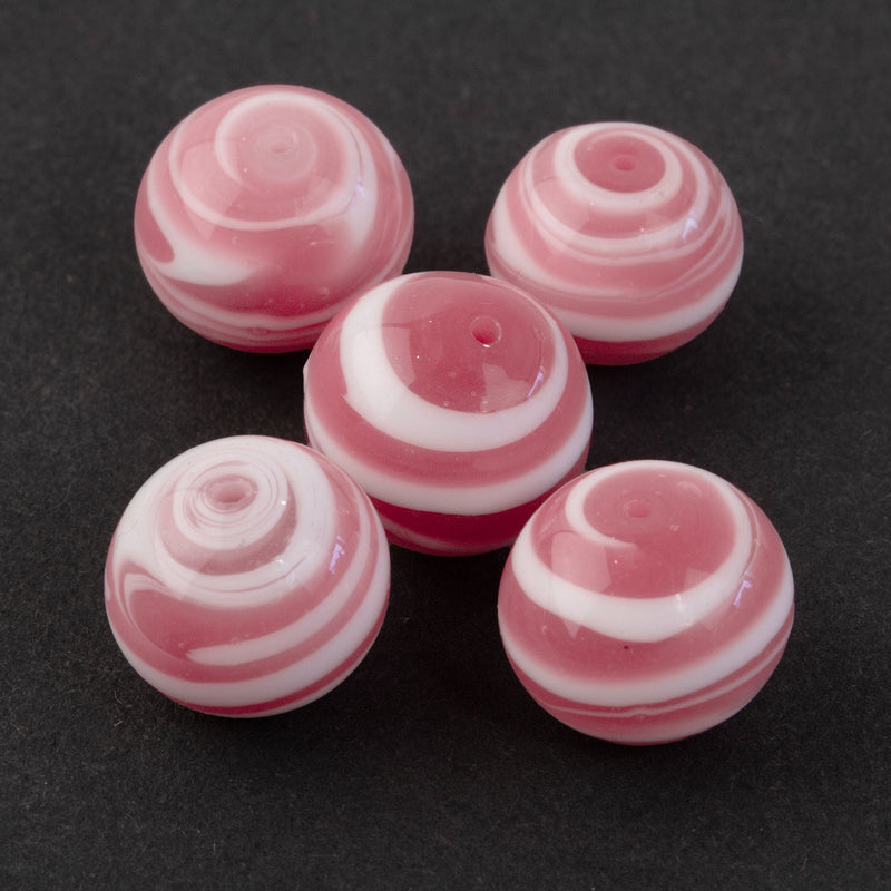 Vintage rose pink swirl glass beads, Czechoslovakia, 8mm. Pkg 6. 