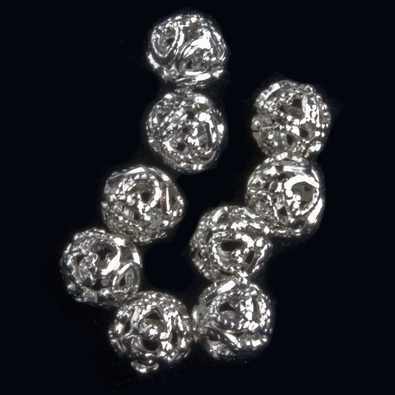 Silver plated filigree beads, 6mm, package of 10.