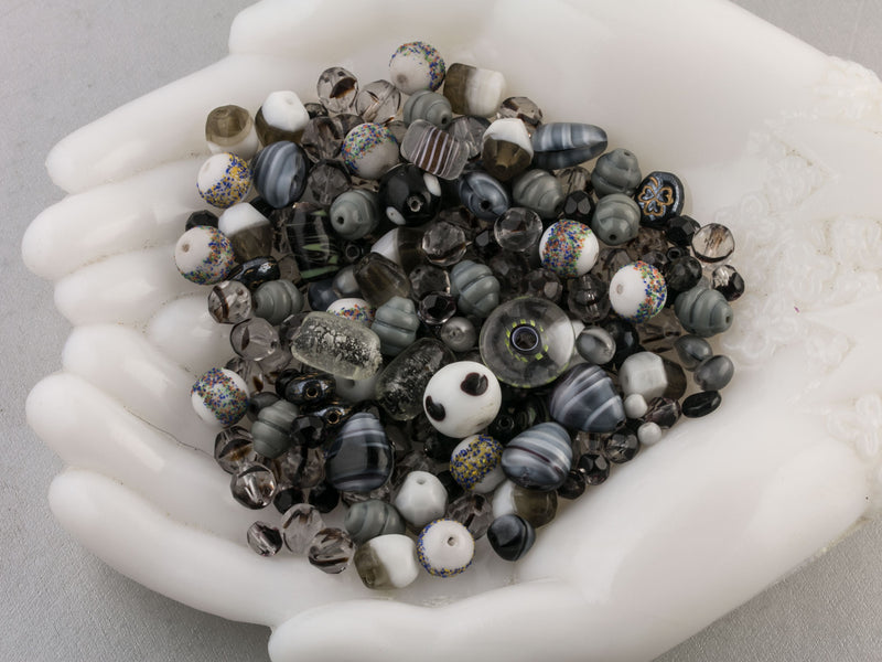 Vintage glass bead mix in an array of gray colors from Europe, Japan and beyond.  5 oz box. Stormy Weather.