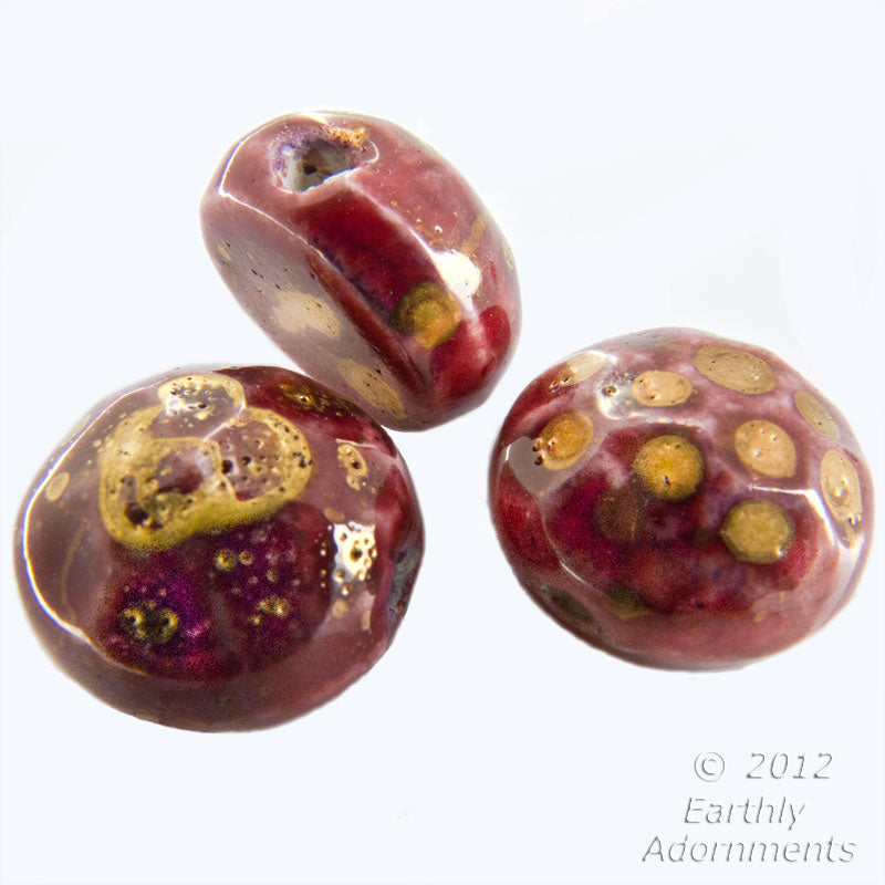 Vintage porcelain flat-back nail-head beads raspberry glaze with gold accent. Japan 5x10mm, pkg 10. 