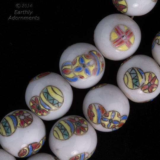 Chinese porcelain beads white with polychrome balls, 14 mm. Pkg. of 4. b2-588