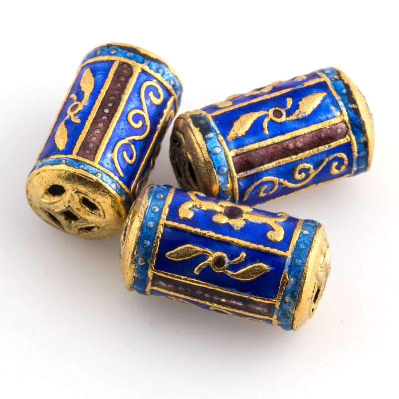 Blue enamel and gold plate cylinder bead with floral ornamental design.  China.  18x10mm. Pkg.2.