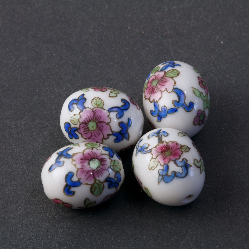 Chinese white porcelain oval beads blue pink green foliar design,18x14mm. Pkg. 2.