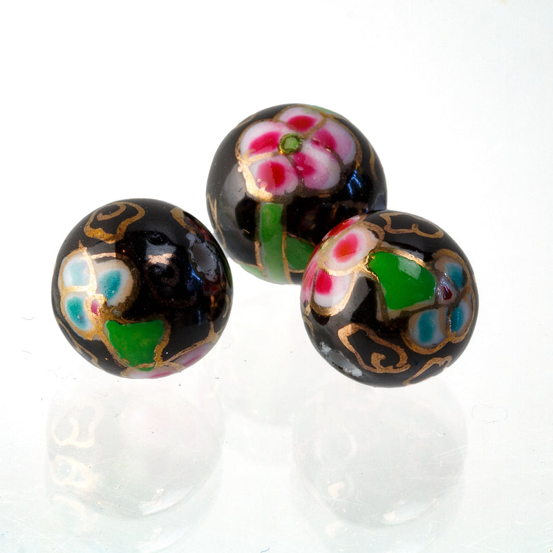 Vintage Chinese export hand painted porcelain flower beads. 12mm. Package of 4.