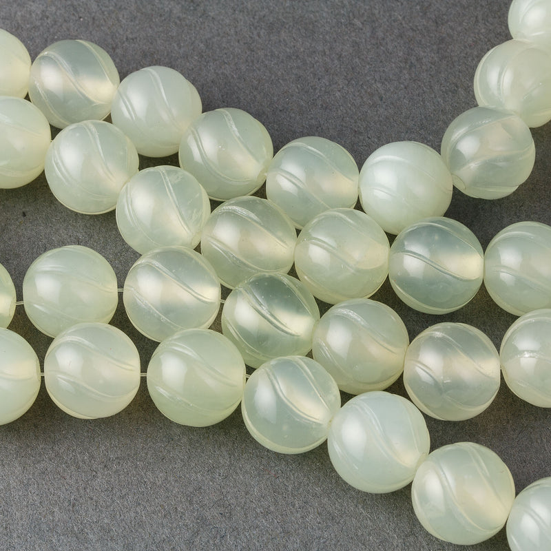 Pale Green Hsiu Jade Carved Beads (Bowenite Serpentine) 12mm. 4Pcs