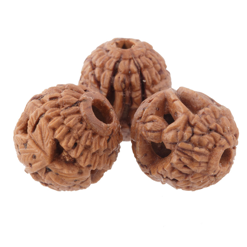 Vintage Chinese carved nut beads. Intricate detail of foliage and flowers.  14-15mm. 1 pc. 