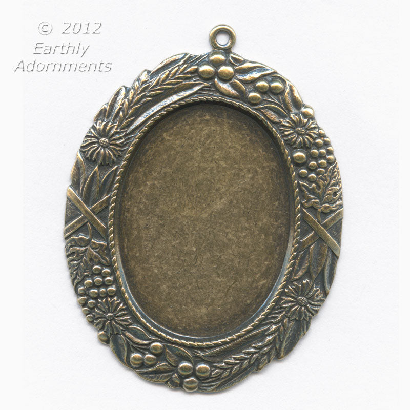Oxidized brass solid back oval frame pendant setting for cabochon. 4 sizes.  b9-0596