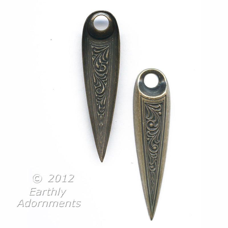 Stamped brass pointed drop. 48x12mm Pkg. of 2. 
