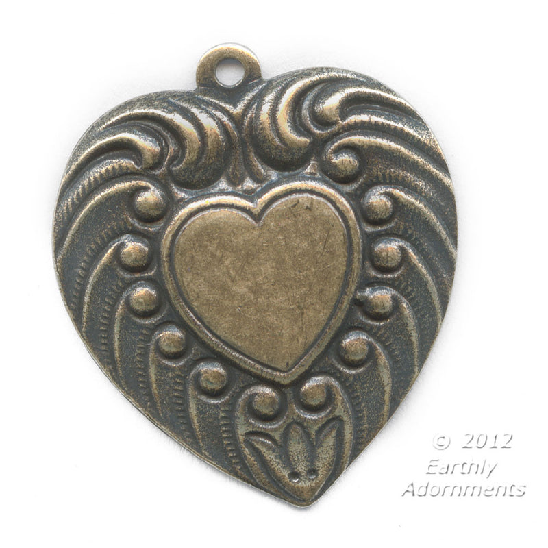 Brass Victorian heart stamping. 15mm Pkg. of 1.