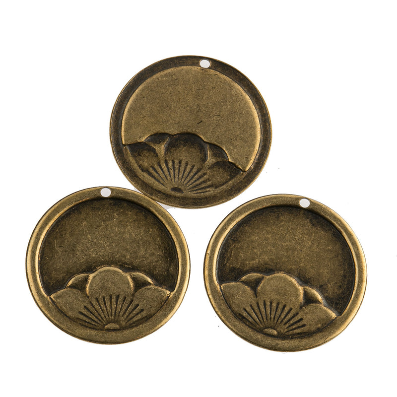 Vintage stamped brass Japanese flower design charm. 15mm Pkg of 4.