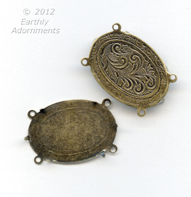 4-prong, 4-ring oxidized brass solid engraved back setting for 24x19mm cabochon. Sold individually.