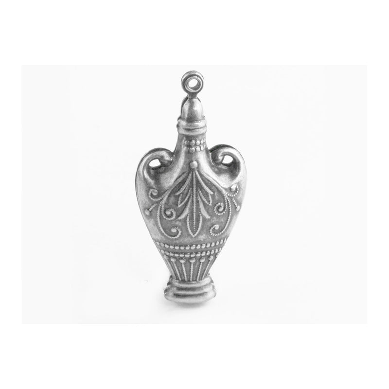 Silver plated hollow brass urn pendant 45x21x10mm. Sold individually.