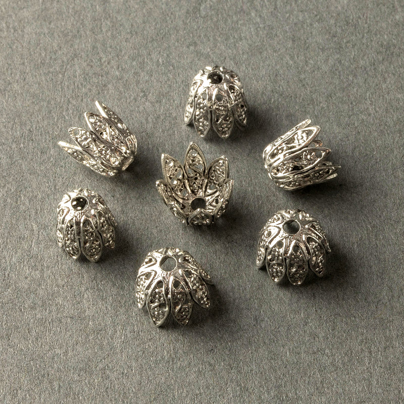 Sterling silver plated brass 8 petal filigree bead cap 7x8mm. Pkg of 4.