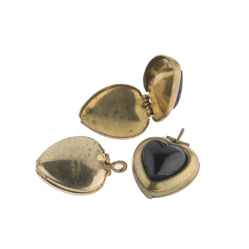 Heart Shaped Brass Locket, black glass stone. 16x14mm Pkg 1. b9-2493