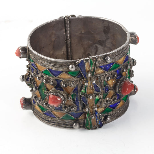 Kabyle tribe Bracelet, Old Berber silver, coral, enamel, from Algeria. j-bret107rl