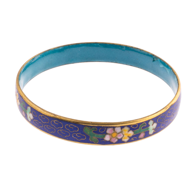 Vintage cloisonné enamel bracelet, navy blue floral Chinese import1960s