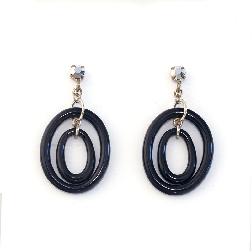 Earrings of Art Deco 1920s French black concentric glass rings.